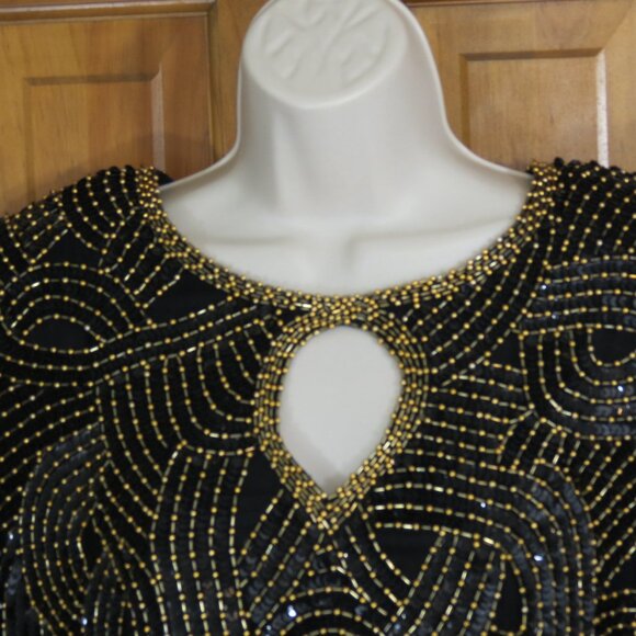 VTG Royal Feelings Black Evening Top Gold Beads Silk Cocktail Size 1X - Picture 2 of 9